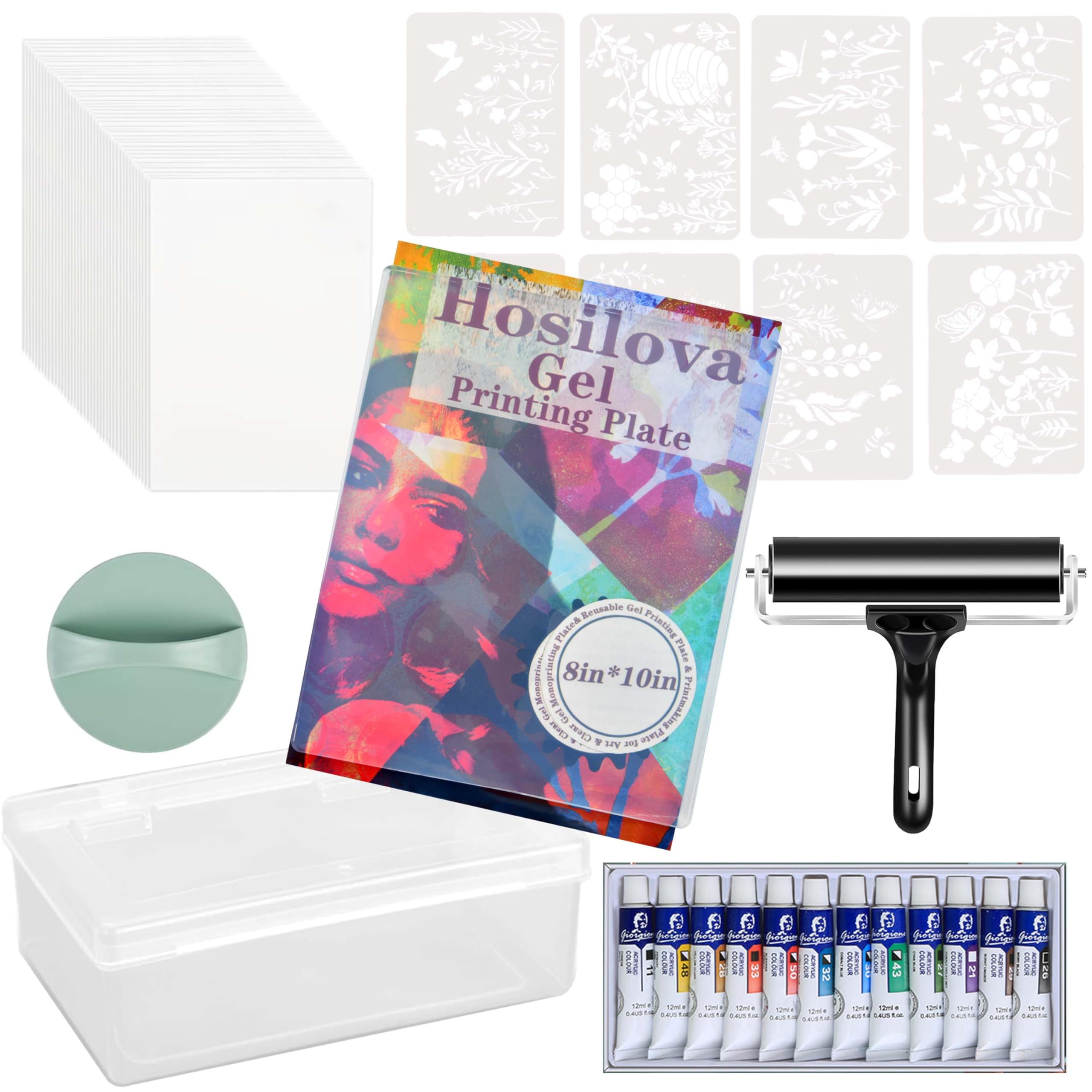 Reusable Gel Printing Plate Kit- 8" X 10" Gel Plate with Acrylic Paint, Printing Paper, Stencil, Storage Box, Rubber Roller, Baren, Easy Clean Plate,DIY Printmaking for Art Card Making, Scrapbooking-image-40