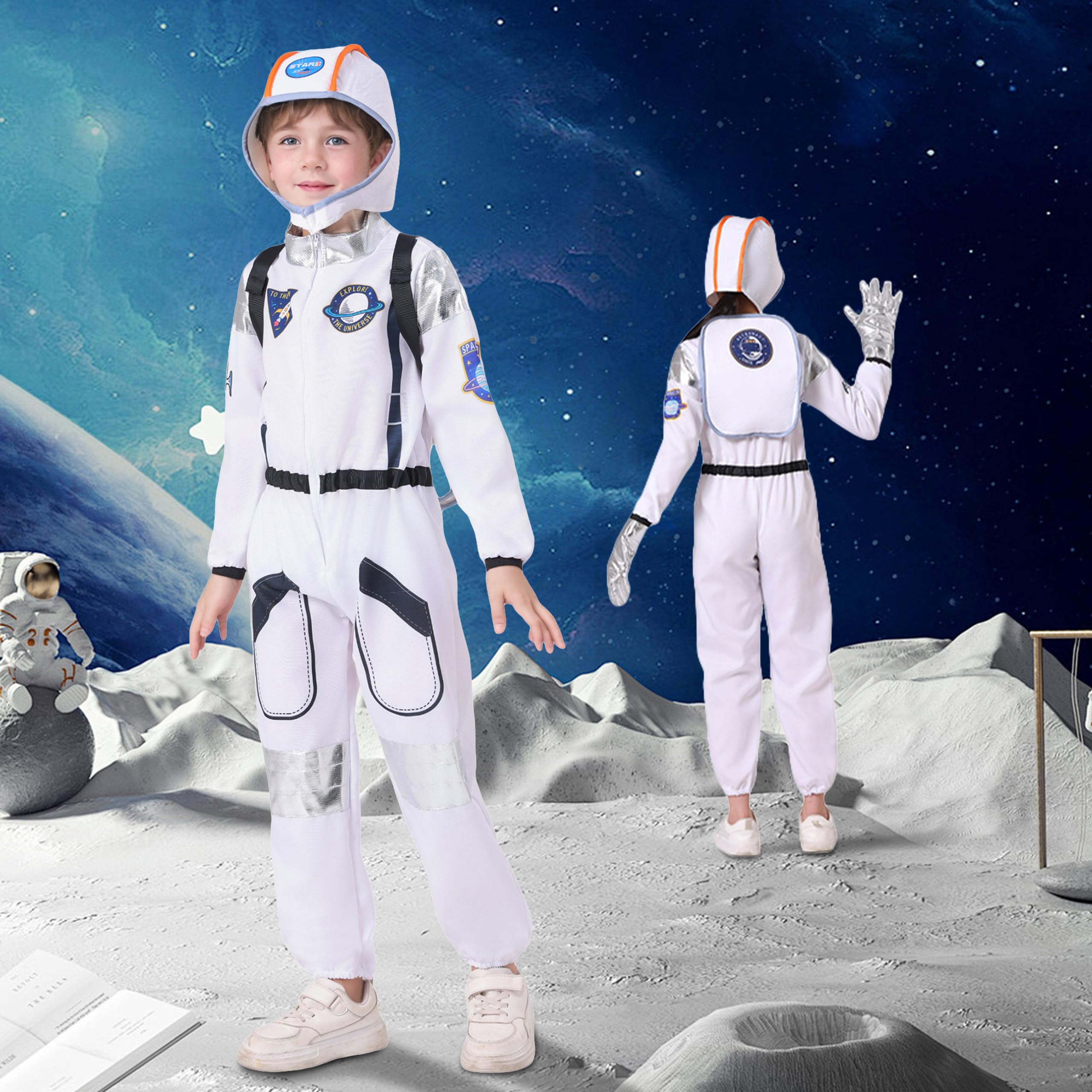 LOLANTA Kids Astronaut Costumes Children's Space Pretend Role Play Jumpsuit with Astronaut Helmet and Backpacks World Book Day Fancy Dress Halloween Party Costume - Image 4