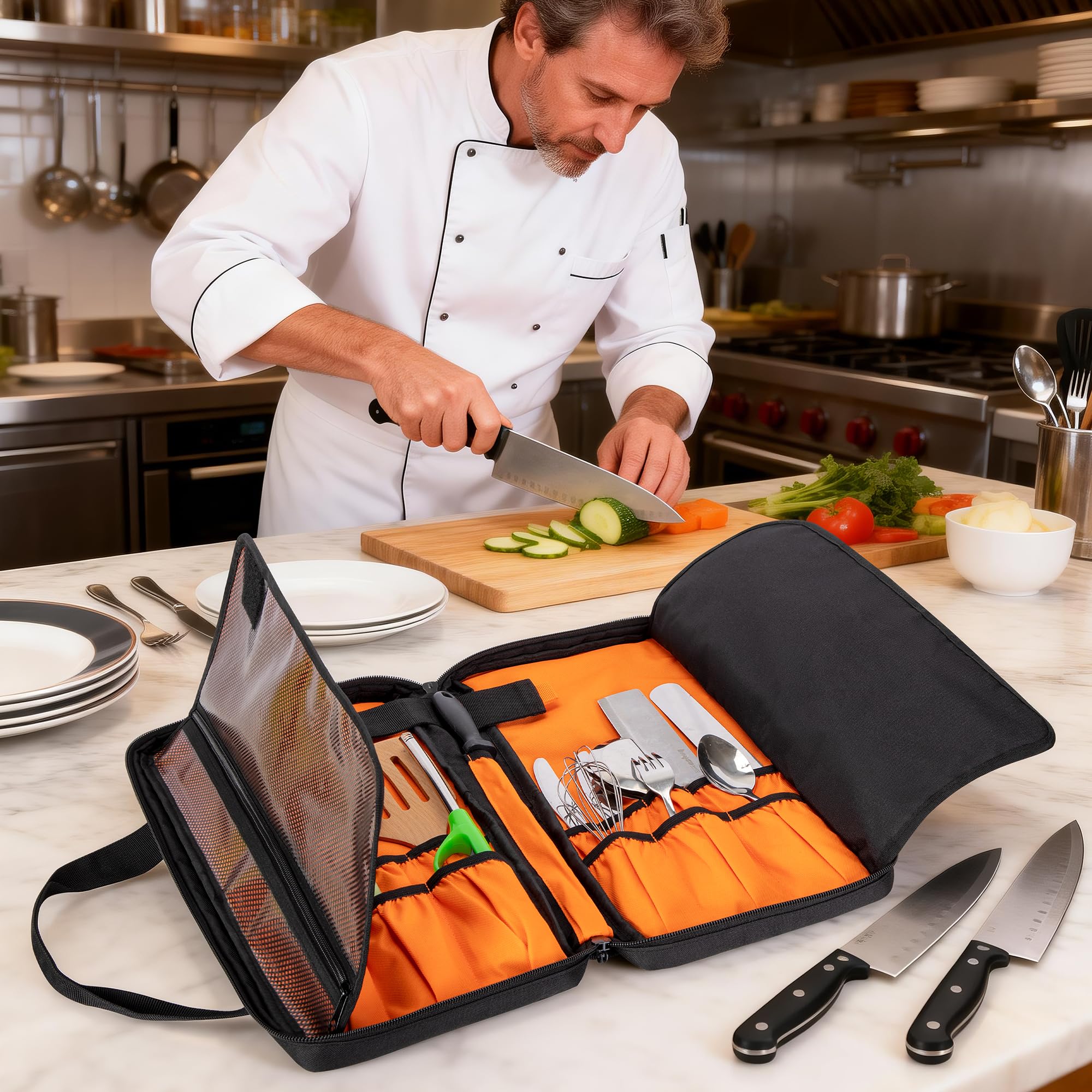 samdew Borsa per Coltelli da Chef con Tracolla Rimovibile, Solo Borsa | Custodia con 18 Scomparti per Set di Coltelli da Chef Professionali (uso in Cucina, Escursionismo e Viaggio)