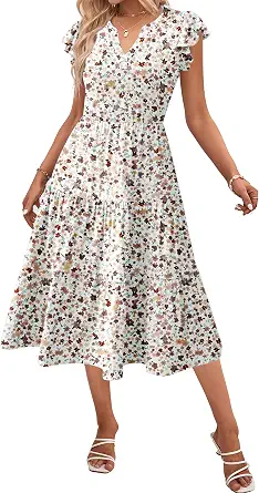 ZEAGOO Women's Summer Casual Ruffle Sleeve V-Neck Midi Dress with Pockets