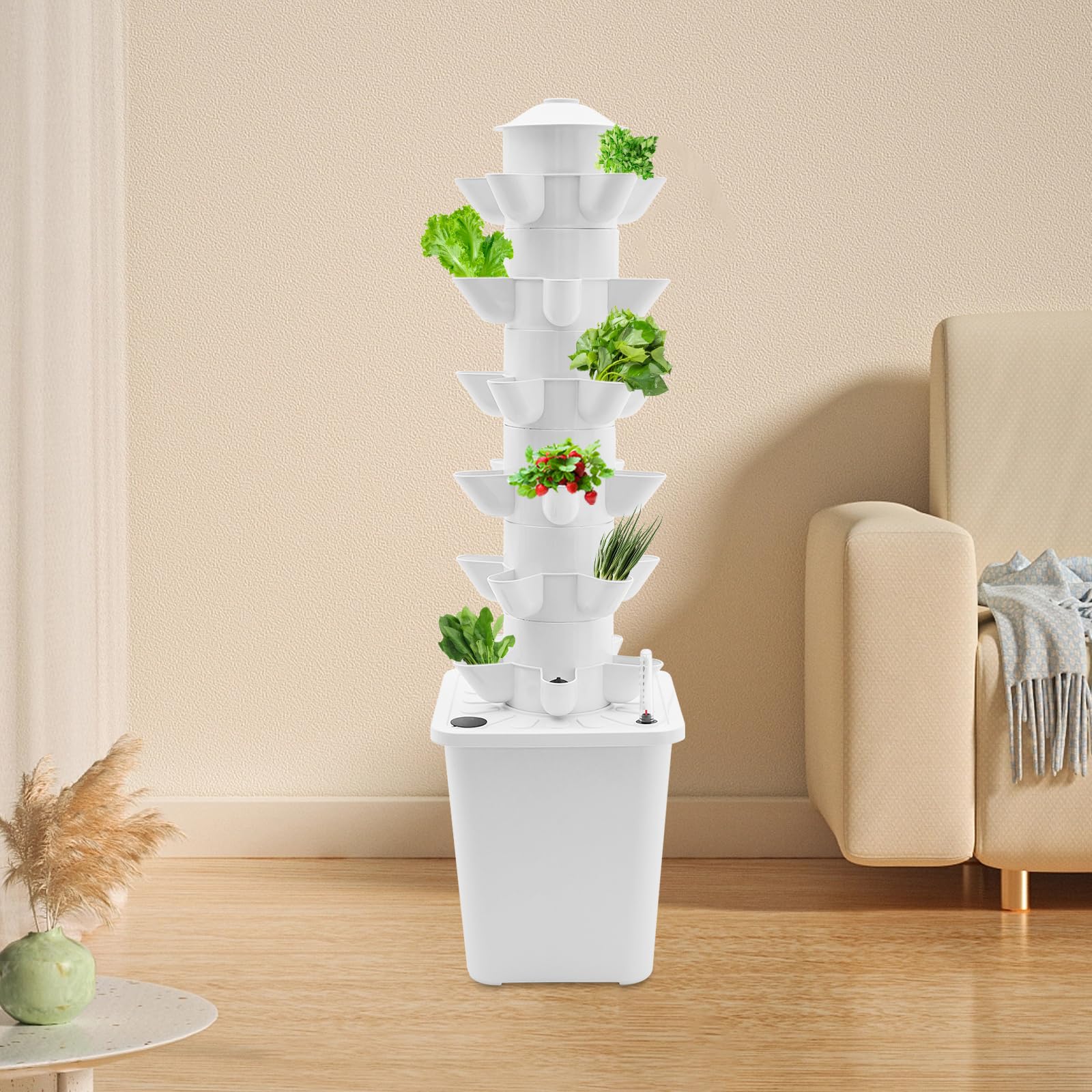 Aeroponics Torre hidropónica vertical 30 vainas 26 x 26 x 86 cm sistema de cultivo hidropónico con bomba de agua de 10 l kit de cultivo aeroponica para hortalizas (blanco)