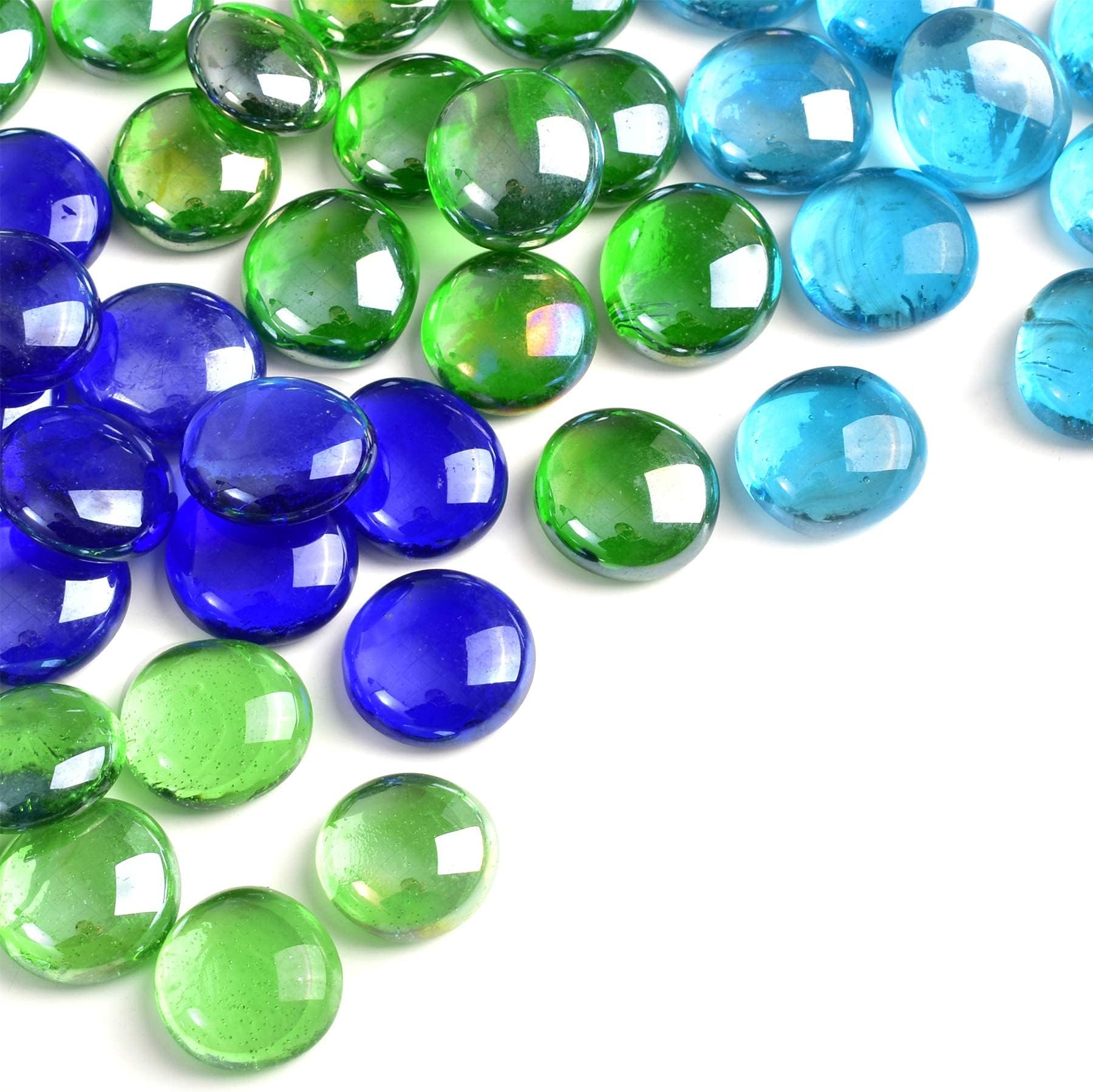 Flat Glass Marbles 1lb, 100PCS Mixed Color Blue Green Glass Beads Stone for Floral Arrangements Vases Flat Bottom Gems Aquarium Pebbles Vase Filler Decor