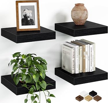 Fun Memories 8"x8" Square Floating Shelves for Wall, Black, 4-Pack