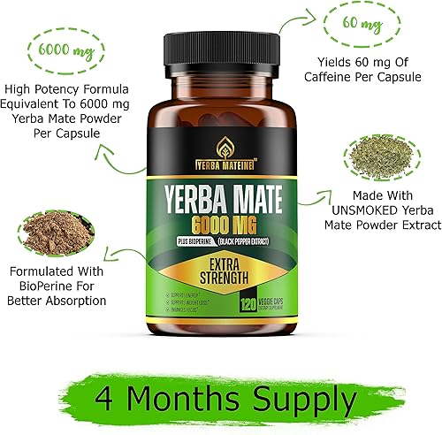 Miniatura 2 de Yerba Mate extra fuerte de 6000 mg de alta potencia, 60 mg de cafeína por cápsula, píldoras de extracto de suplementos para energía natural limpia,