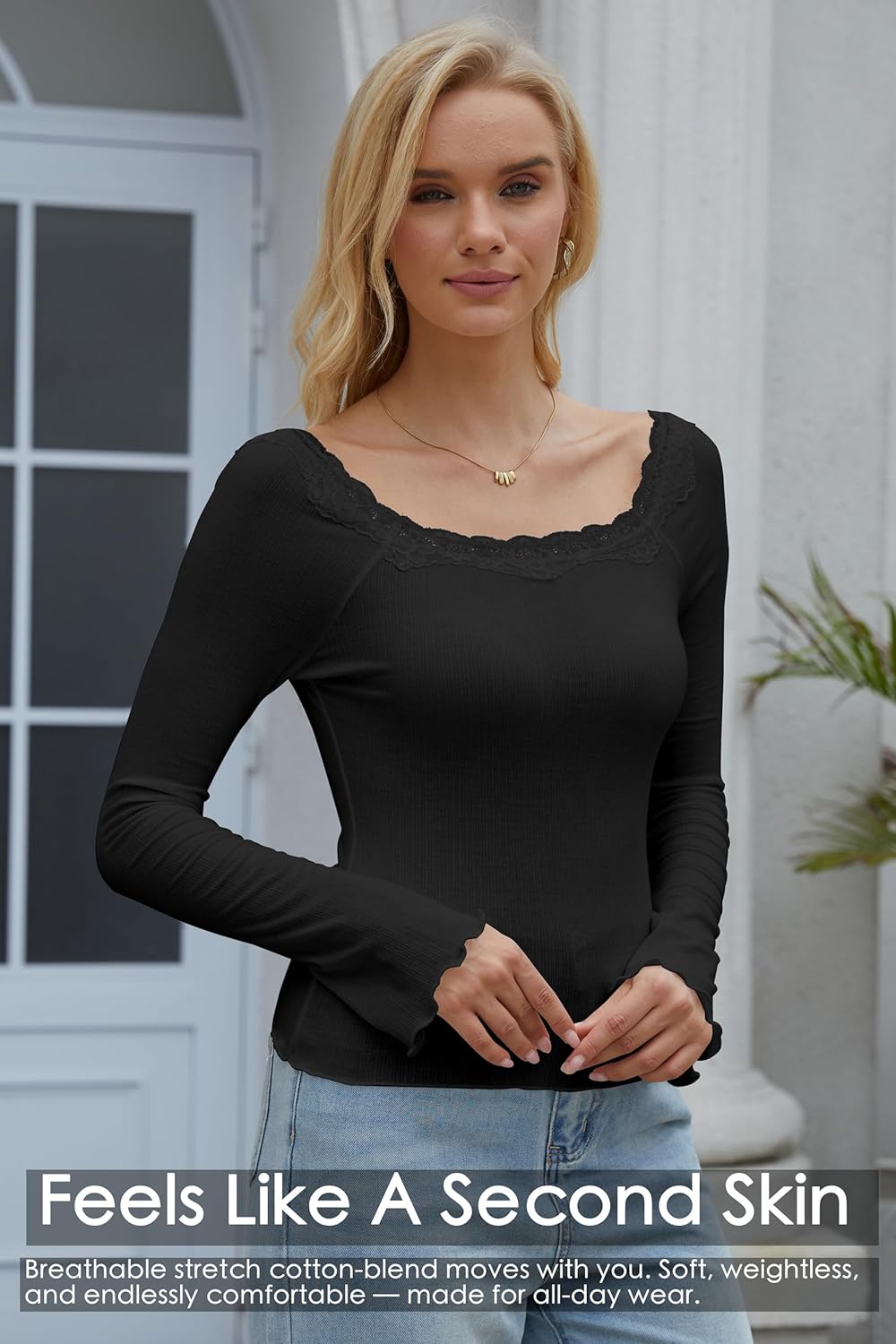 Long Sleeve Top for Women Bell Sleeve Backless Wide Boat Neck Cropped Tops Going Out Tops Y2K Micro Ribbed Lace Trim - Image 8