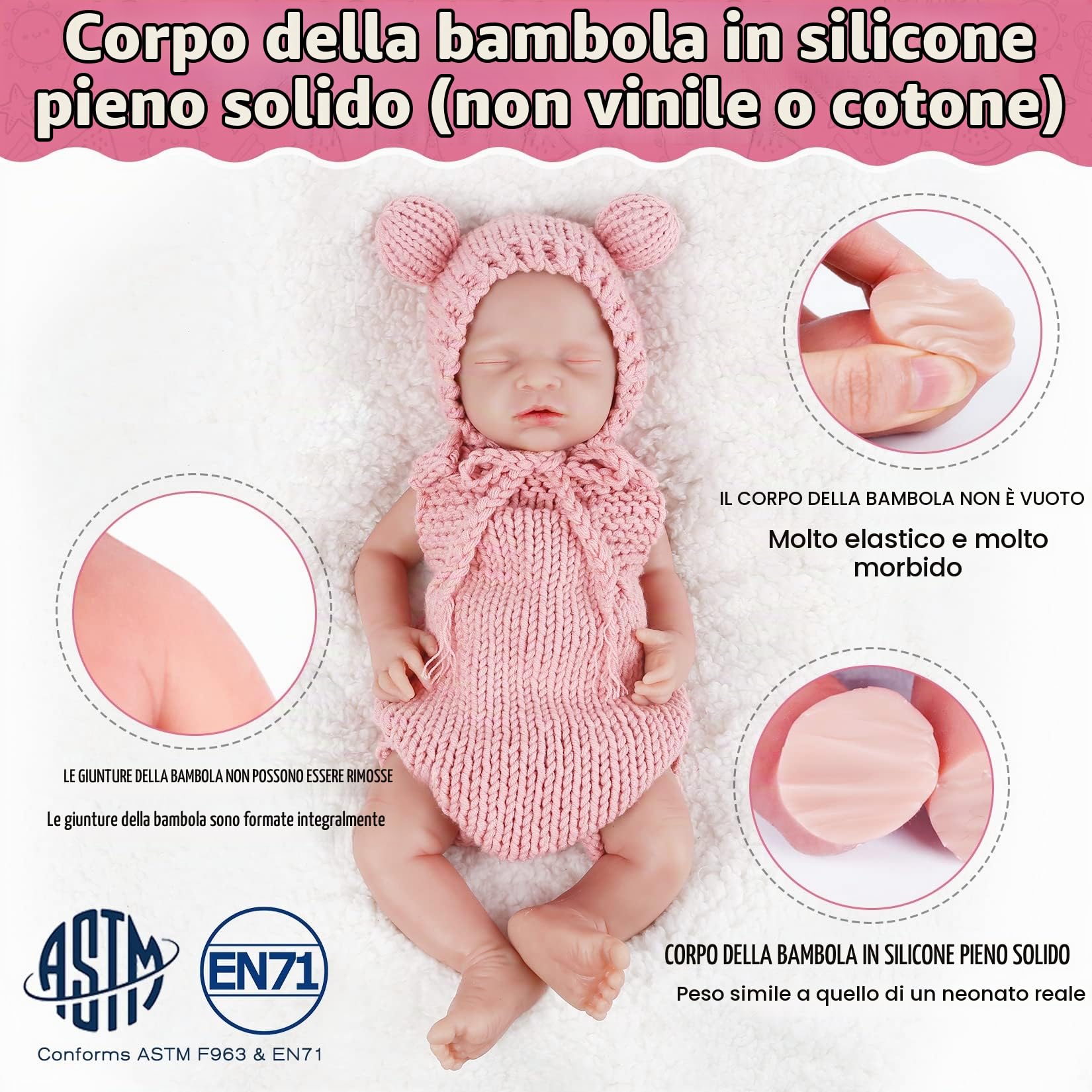 Vollence Bambola Neonato Realistica con Occhi Chiusi da 46 cm in Silicone, Corpo Interamente in Silicone, Pesa, Bambola Neonata Morbida e Realistica Ragazza, Natale o Compleanno