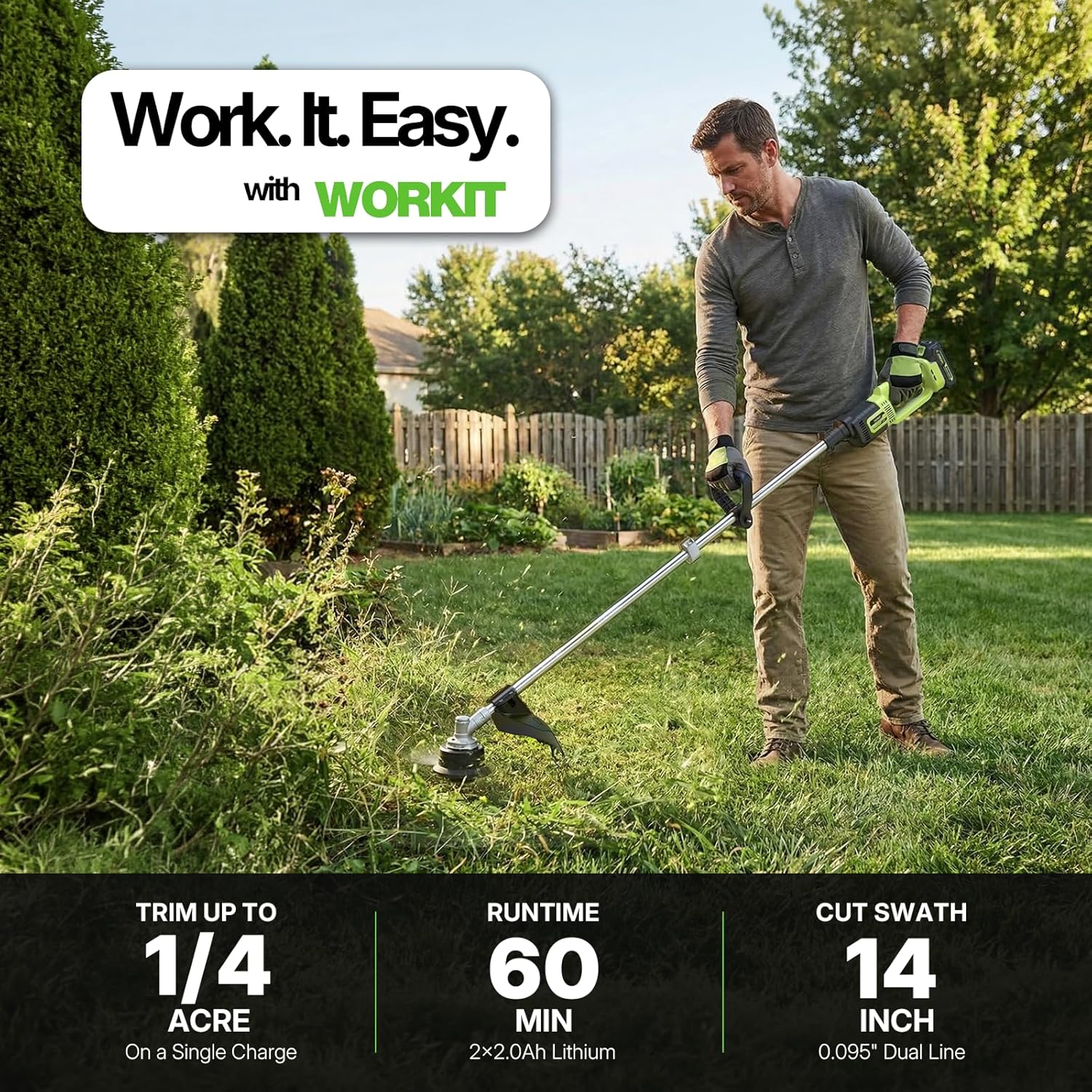 WORKIT 20V 14" Cordless String Trimmer - Brushless Motor Weed Wacker with 2×2.0Ah Batteries, 0.095" Dual Line Auto Feed, Lightweight Weed Eater for Lawn & Garden