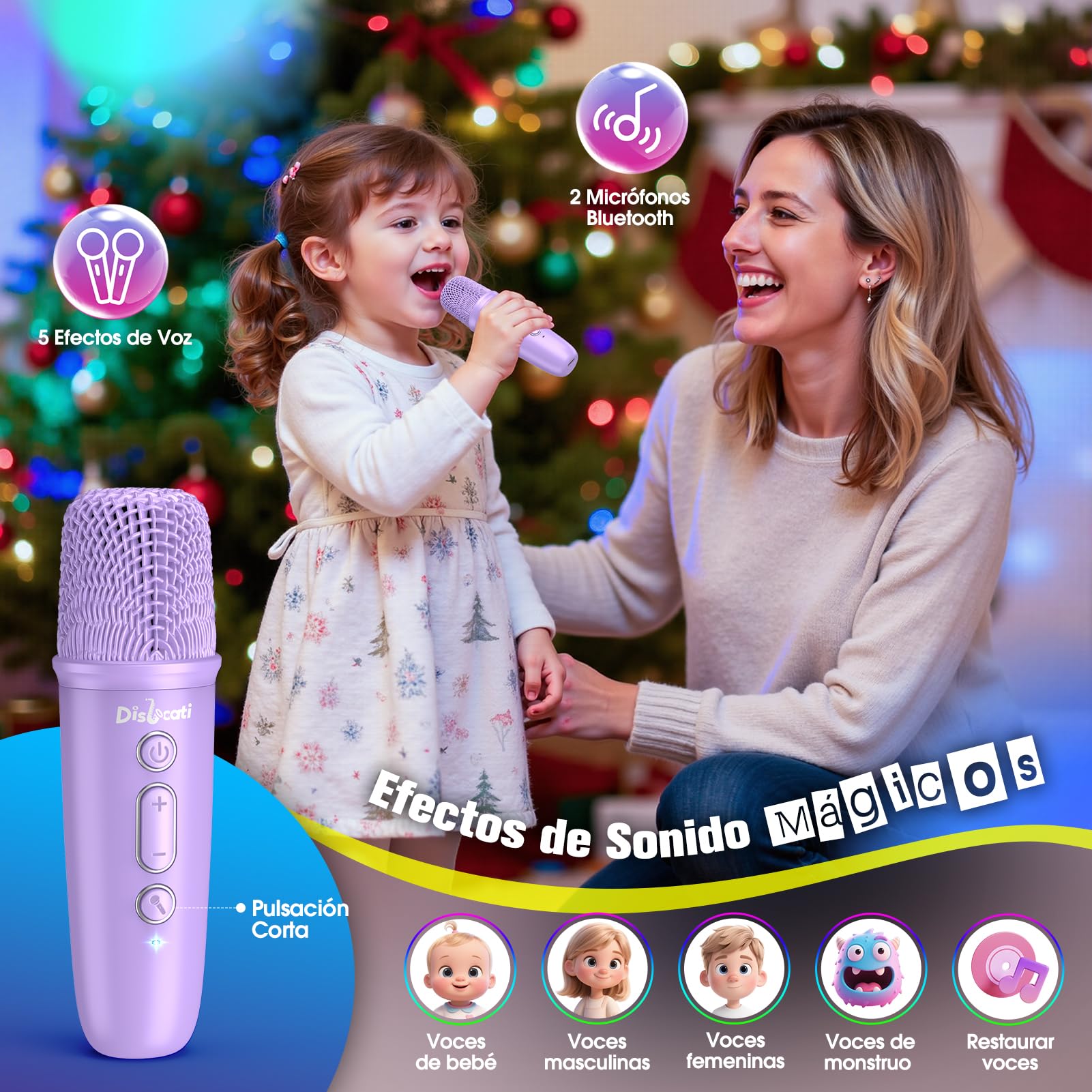 Dislocati Karaoke Infantil 2 Microfonos Inalambricos, Regalo Niña 4 5-15 Años Karaoke Infantil Juguetes Niñas 3-15 Años Equipo de Karaoke Portátil con Bola de Luces de Discoteca y Soporte Desmontable