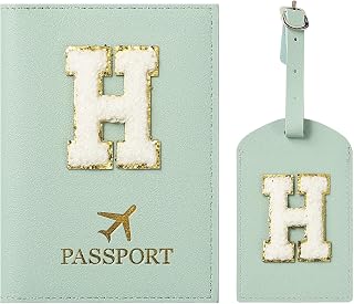 Passport Cover & Luggage Tag Letter Set, Personalized Passport Case, Passport Bag, Letter, Gift, Luggage Accessories Very Cute for Women, Teenagers, Girls, green, Green H