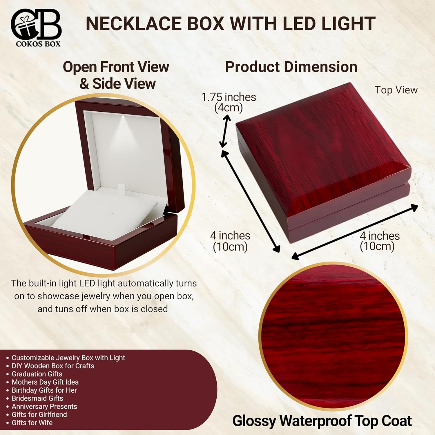 Necklace Box with LED Light – Small Jewelry Display Case for Bracelet, Earrings, or Chains – Luxury Lighted Wooden Presentation Box for Gifts, DIY Crafts, Mahogany, White Interior