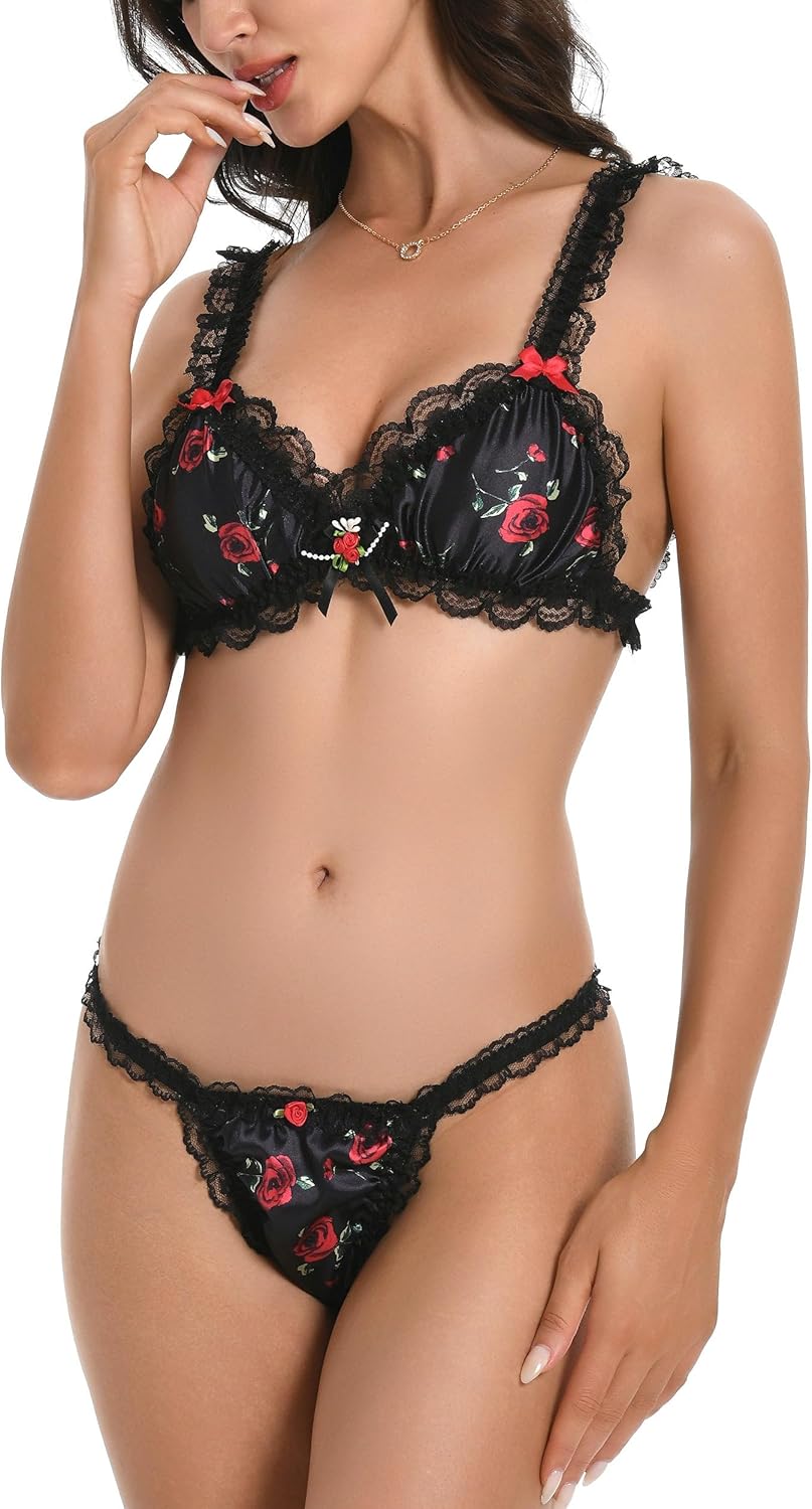 Satini Women's Tanga Bikini Briefs Satin Frilly Lace Panties - Image 5