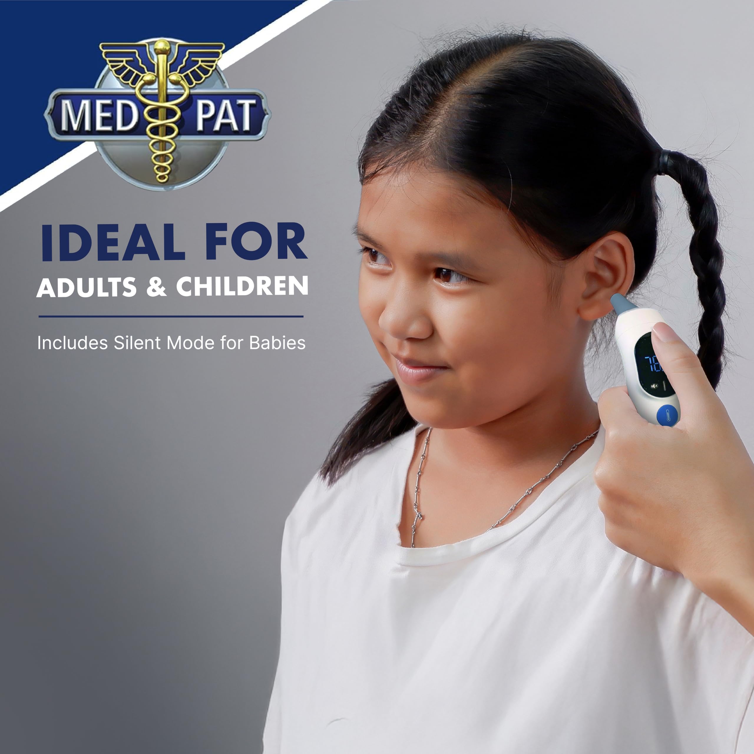 Med-Pat TH-1 - Termometro digitale touchless a infrarossi, risultato in 1 secondo, per bambini, adulti, allarme febbre temperatura, colore HD, modalità fronte e orecchio, luce automatica e modalità