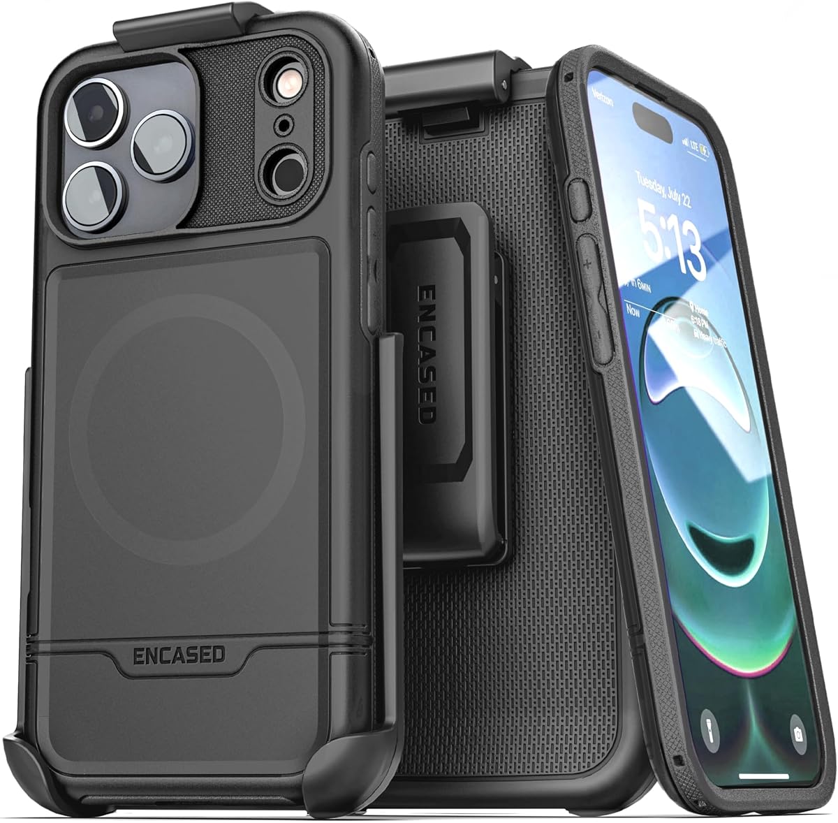 Encased for iPhone 17 Pro Phone Case with Belt Clip, (Rebel Armor) Protective Case with Camera Control Button and Holster (Compatible with MagSafe) Black