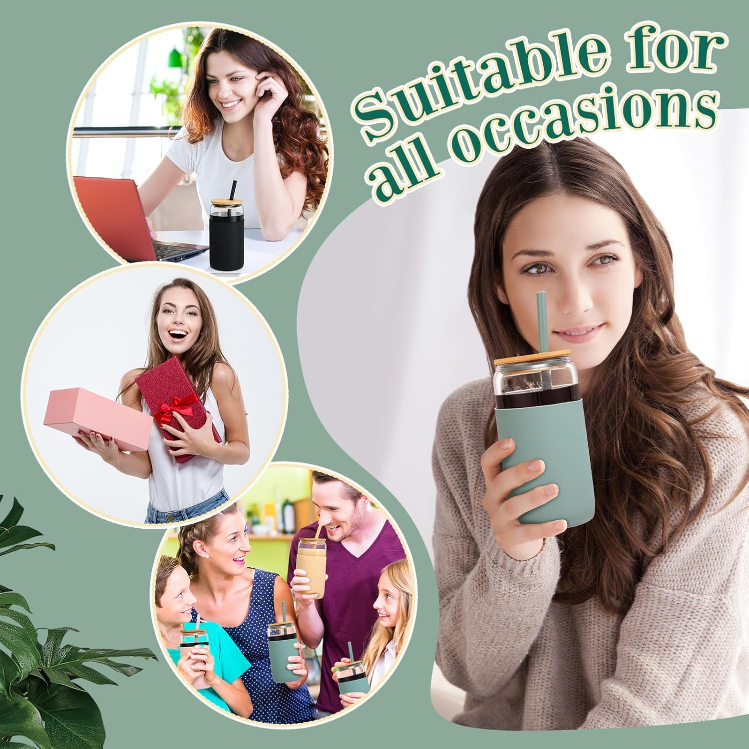 4 Pack 16 oz Glass Tumbler with Silicone Sleeve Iced Coffee Cups with Lids Straw Can Shaped Water Bottle for Valentines Spring Home Outdoor (Blue, Amber, Black, Pink) - Image 4