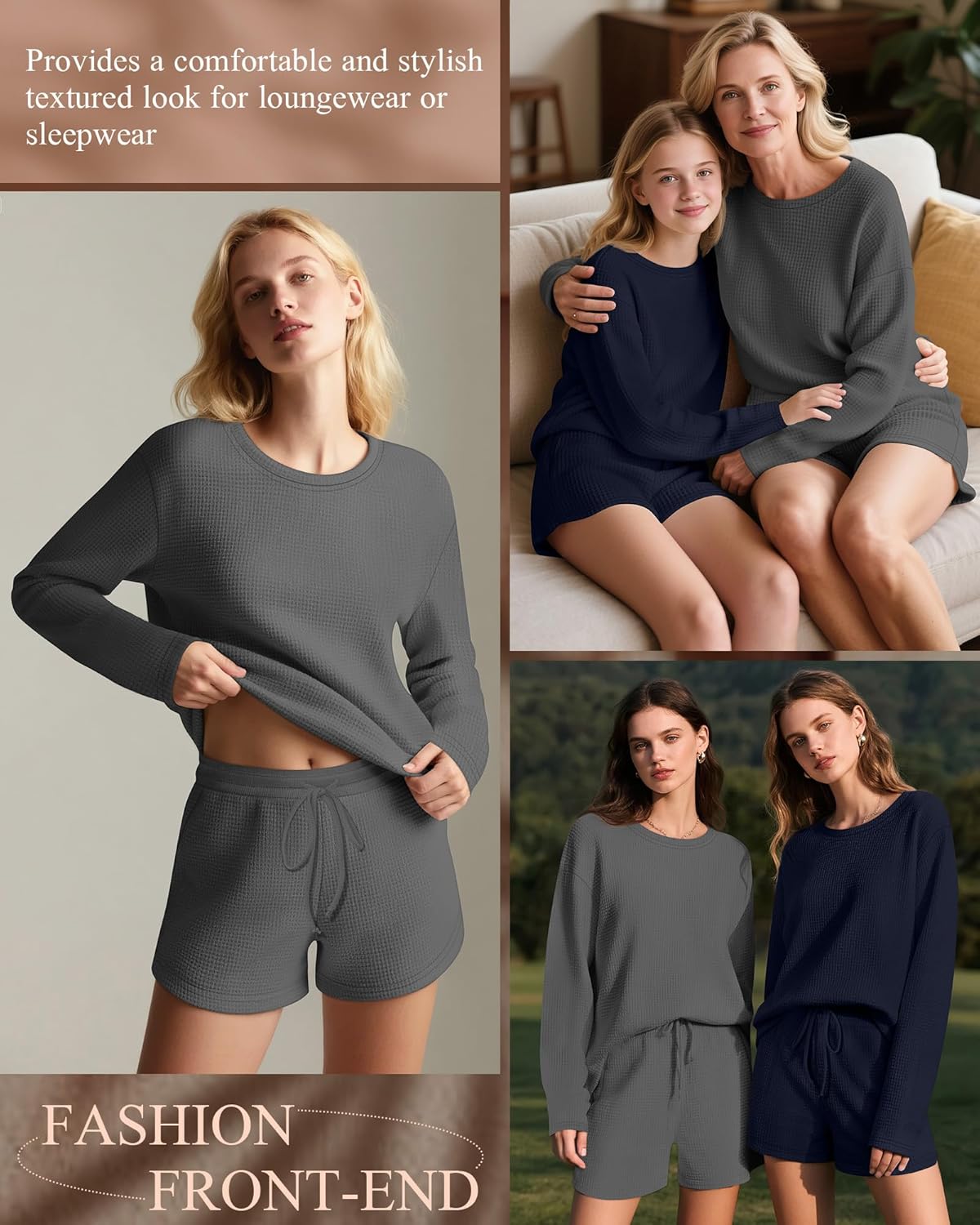 Neer 2 Pack Women's Waffle Knit Pajama Sets Long Sleeve and Shorts Pajama Set Matching PJ Loungewear Sweatsuit with Pockets - Image 4