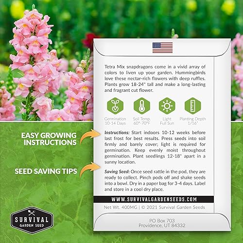 Miniatura 9 de Survival Garden Seeds - Semillas de mezcla de tetra Snapdragon para plantar - 2 paquetes con instrucciones para plantar y cultivar hermosas flores