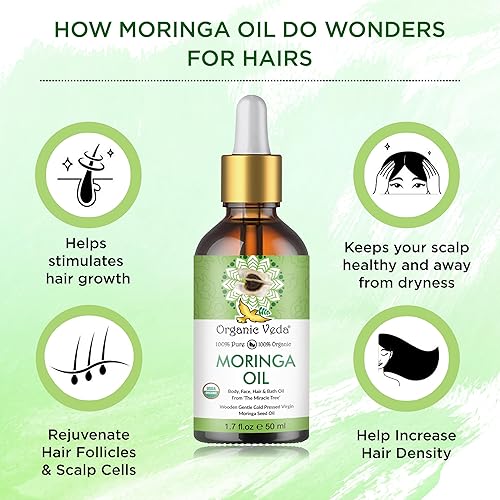 Miniatura 6 de Organic Veda Aceite de moringa virgen 100% puro y orgánico USDA  Multiusos, cara, cabello y piel, uñas, rápida absorción, hidratación y