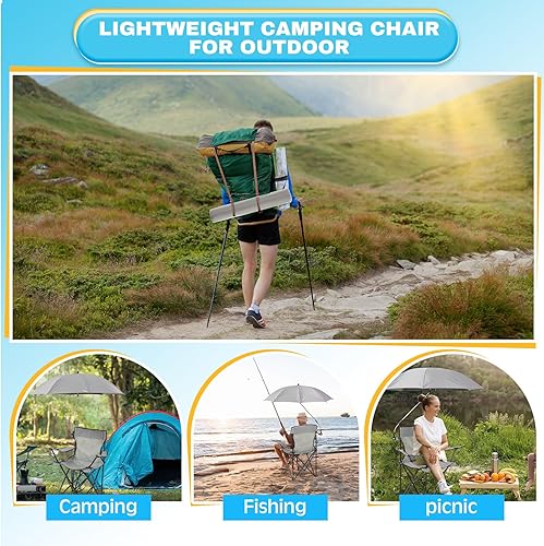 Miniatura 7 de Juego de 2 sillas de campamento plegables con paraguas, para adultos, asiento plegable de pícnic, asiento de césped plegable para exteriores, pesca,