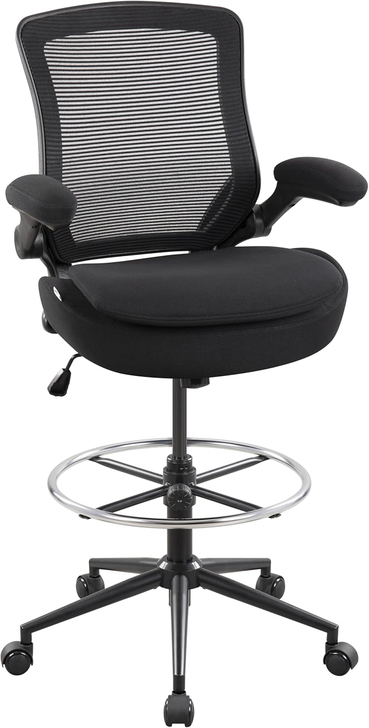 Drafting Chair Tall Office Chair, Ergonomic Standing Desk Computer Stools with, Flip-up Armrests, Adjustable Height and Big Foot-Ring, Comfortable Double Seat Cushion Foam Seat(Balck)