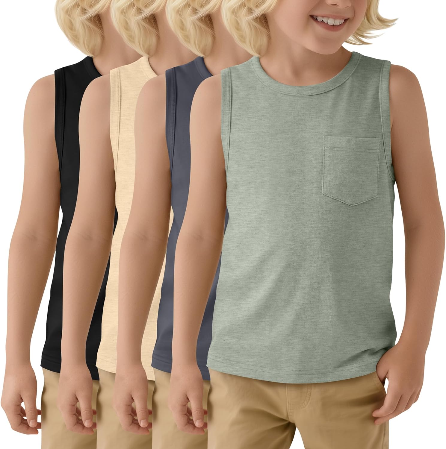 4 Pack Boys' Tank Tops Crew Neck Muscle Shirts Kids Sleeveless Undershirts Casual Basic Athletic Tanks with Pockets