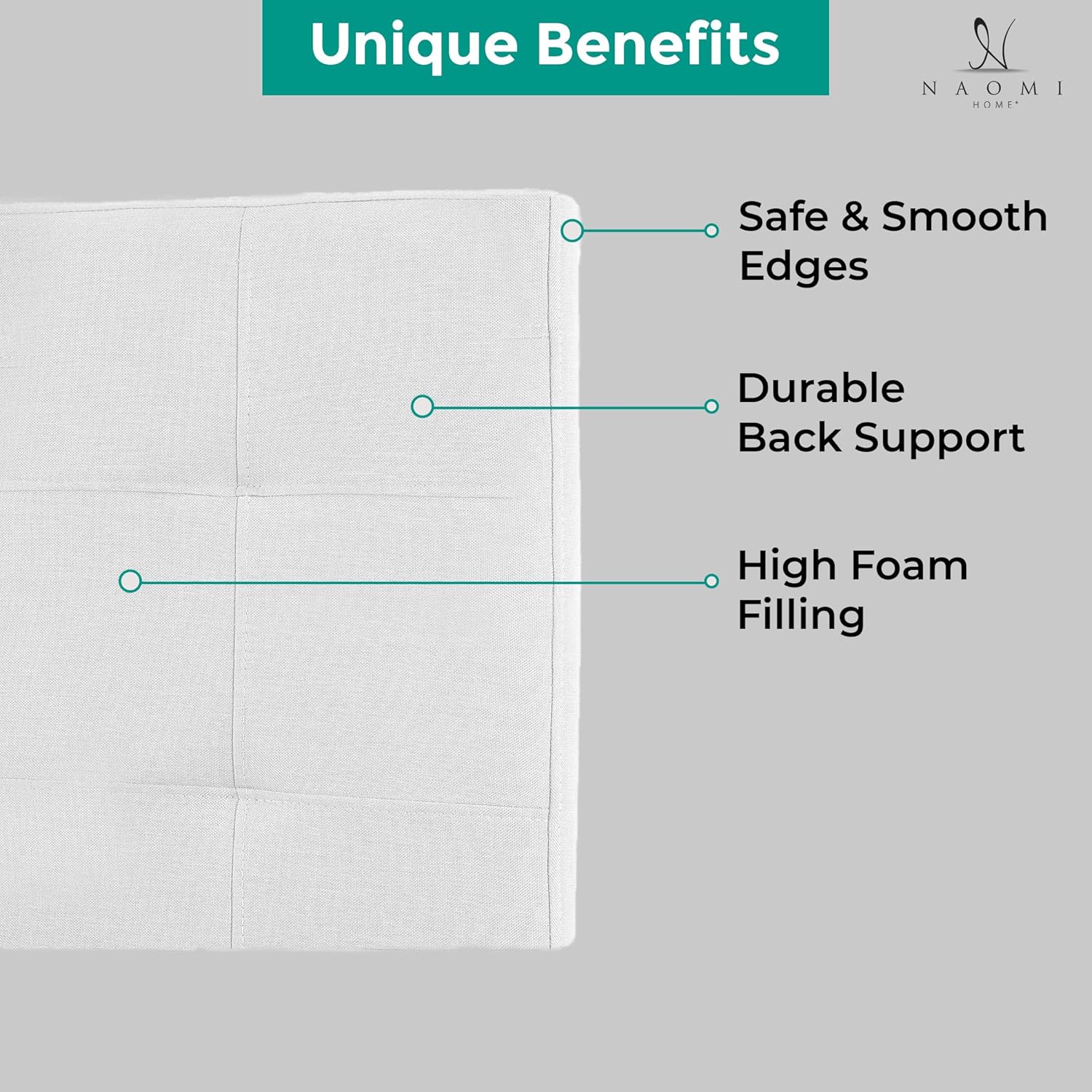 Naomi Home Jessenia Queen Headboard Only Height Adjustable Bed Headboard Queen Size Square Tufted Size with 12 Positions Metal Legs Wall Bed Mount Linen Fabric White