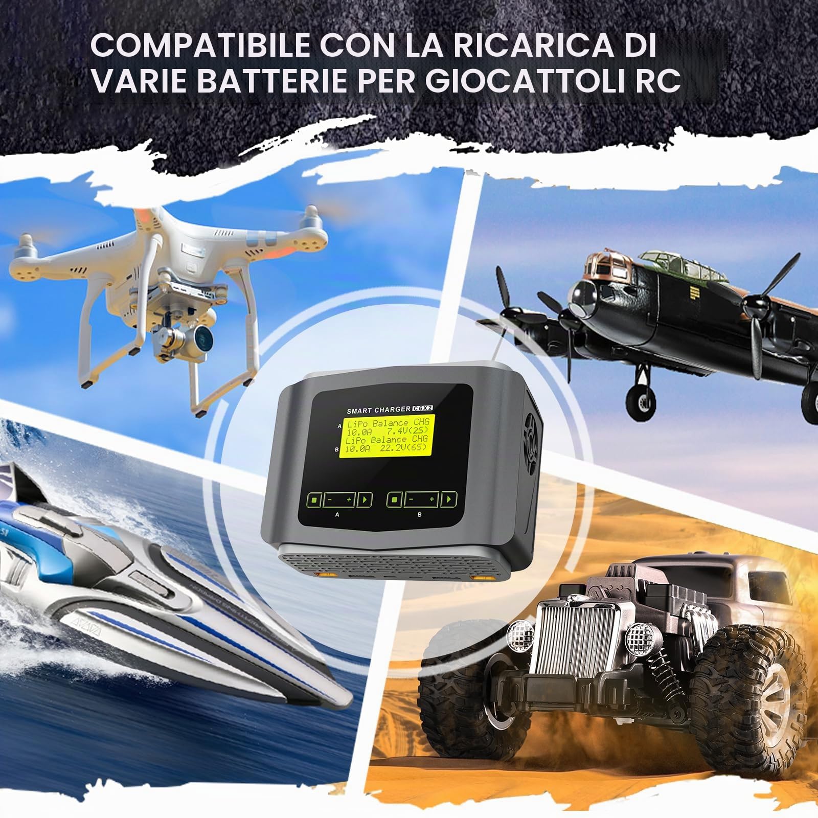 Haisito Caricabatterie al litio RC AC 150 W/DC 240 W, Duo, caricatore LiPo per LiPo/Life/LiHV/Lilon (1-6S), NiMH/NiCD(1-15S), PB, Smart Batterie, 10 A RC Balance, Caricabatterie RC