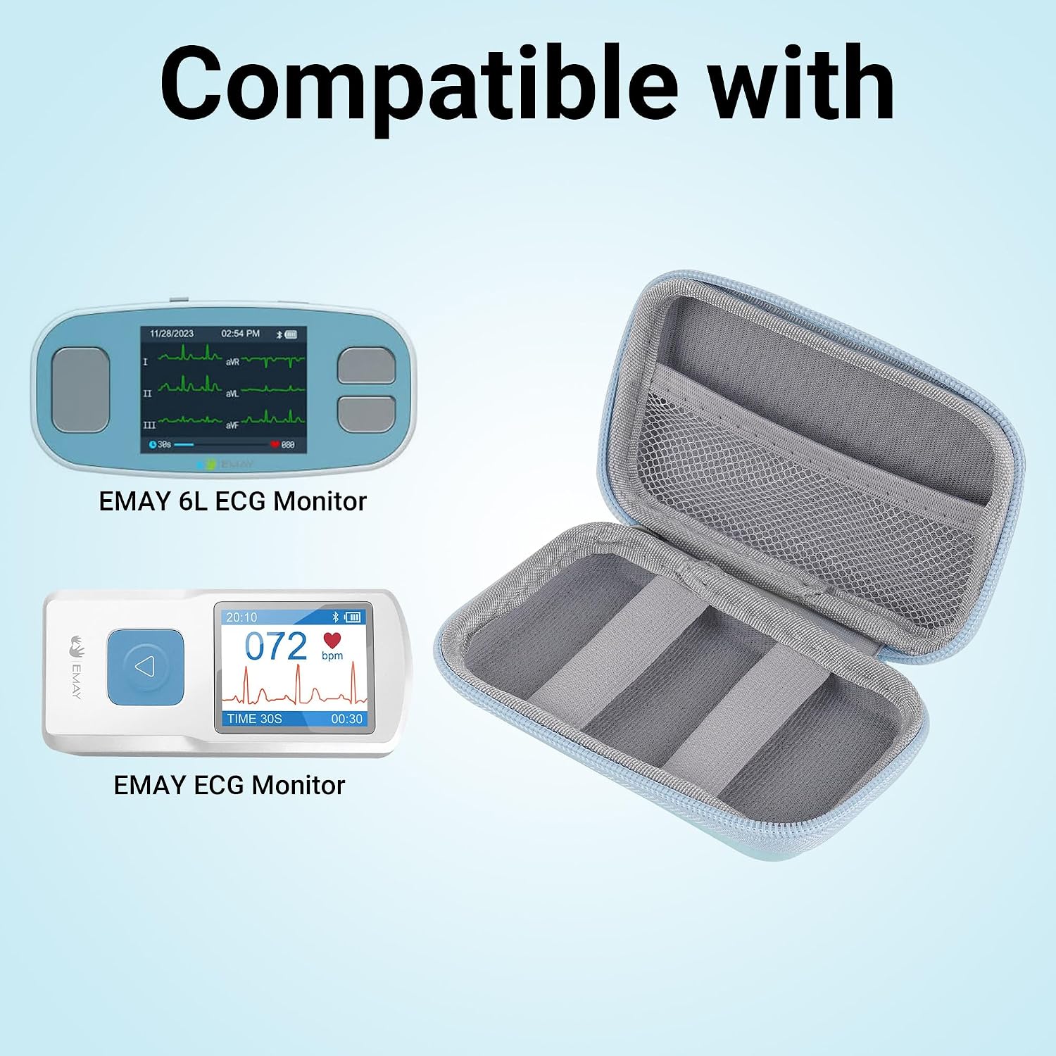 Hard Case Compatible with EMAY 6L/EMAY ECG EKG Monitor, Shockproof Travel Carrying Storage Bag for Portable Heart Rate Electrocardiogram Monitor (Light Blue, Case Only)