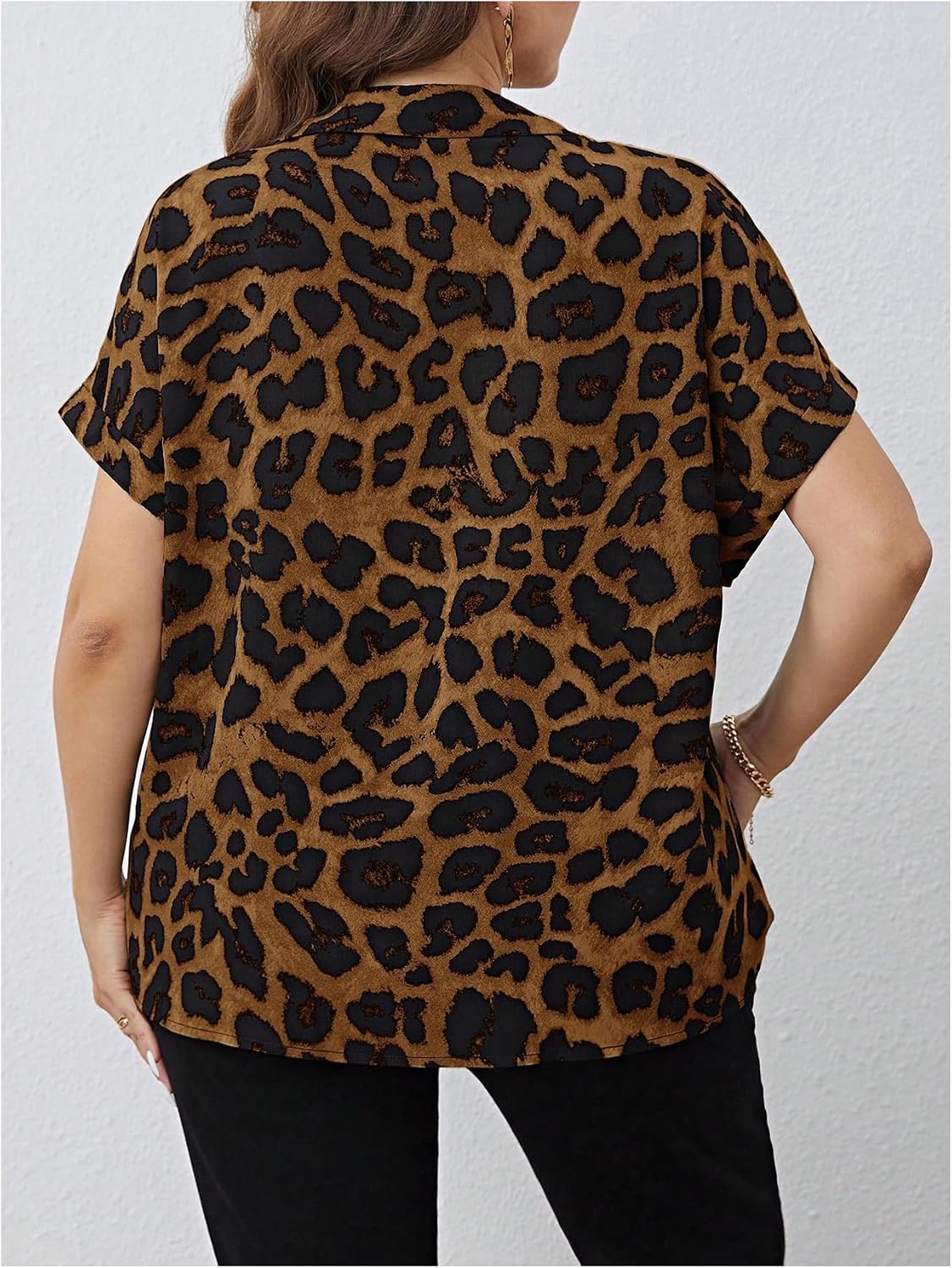 SOLY HUX Women's Plus Size Leopard Print Button Down Shirt Short Sleeve Summer Blouse Tops
