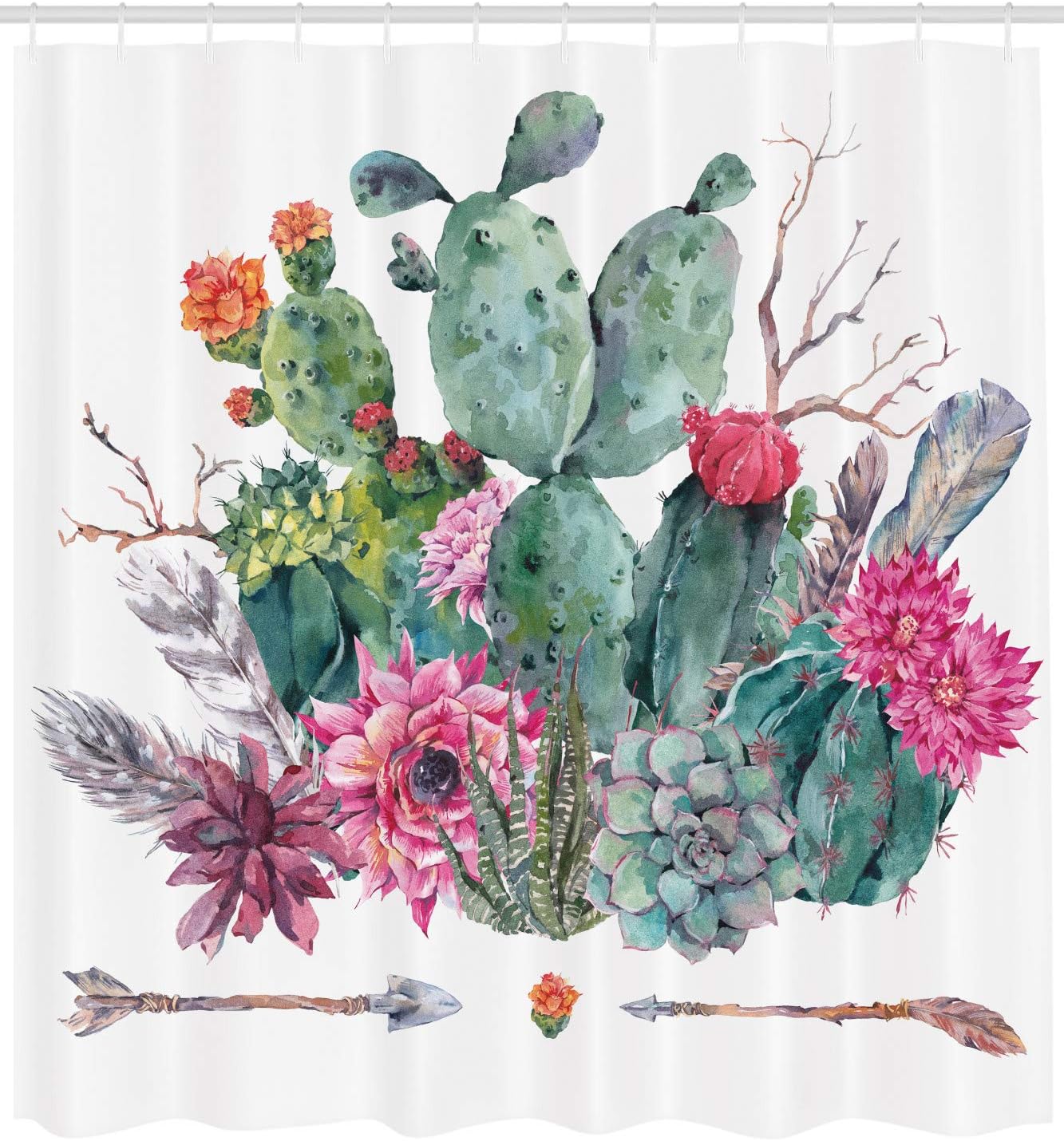 Ambesonne Cactus Shower Curtain, Exotic Natural Watercolor Bouquet in Boho Style Succulent Flowers Feather and Arrows, Cloth Fabric Bathroom Decor Set with Hooks, 69" W x 84" L, Multicolor