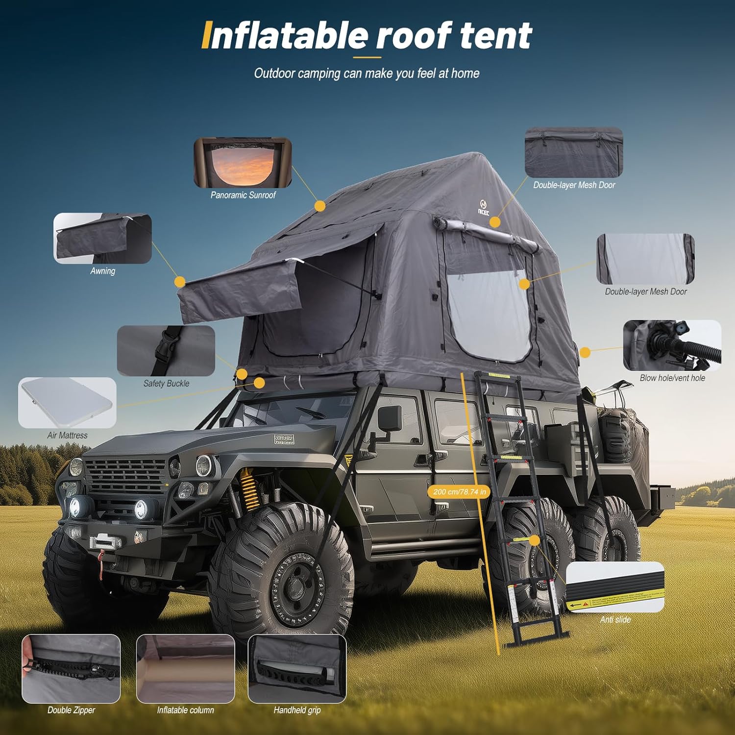 Nice C Inflatable Rooftop Tent with Air Mattress & Ladder, SUV Truck Car Tent for Camping, Easy Setup Pop-Up Camping Car Roof Tents with Pump, Waterproof Windproof Overland Tents (Black&Grey)