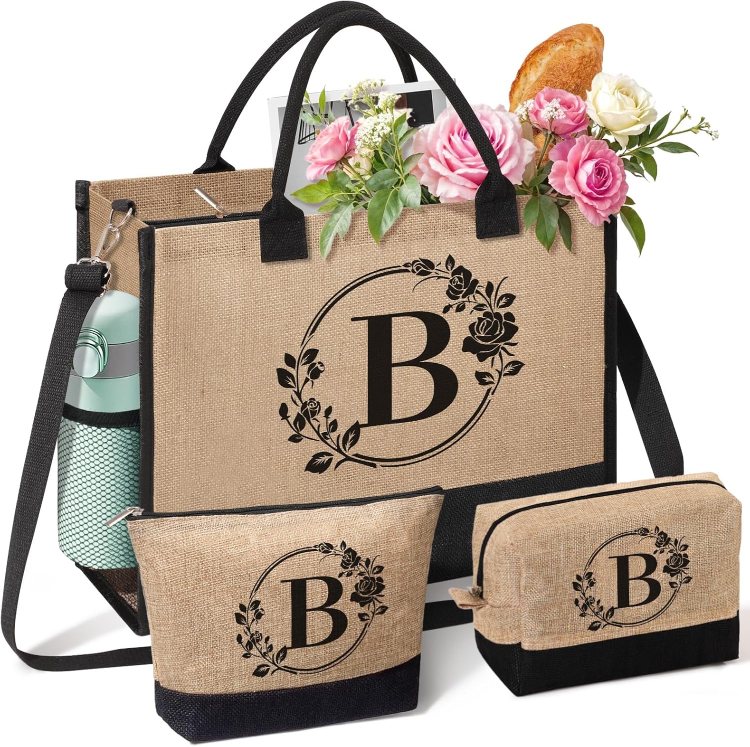 Personalized Initial Jute Tote Bag with Makeup Bags - Monogrammed Eco-Friendly Beach Tote for Women, Mom Gifts Mother's Day Birthday