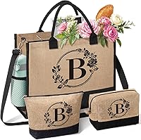 Personalized Initial Jute Tote Bag with Makeup Bags - Monogrammed Eco-Friendly Beach Tote for Women, Mom Gifts Mother's Day Birthday