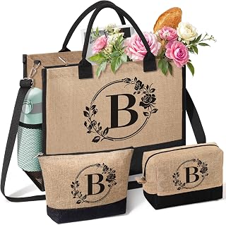 Personalized Initial Jute Tote Bag with Makeup Bags - Monogrammed Eco-Friendly Beach Tote for Women, Mom Gifts Mother's Day Birthday