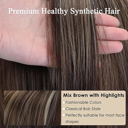 Miniatura 5 de Pelucas cortas estilo Bob marrón con reflejos sintéticos de aspecto natural para mujer