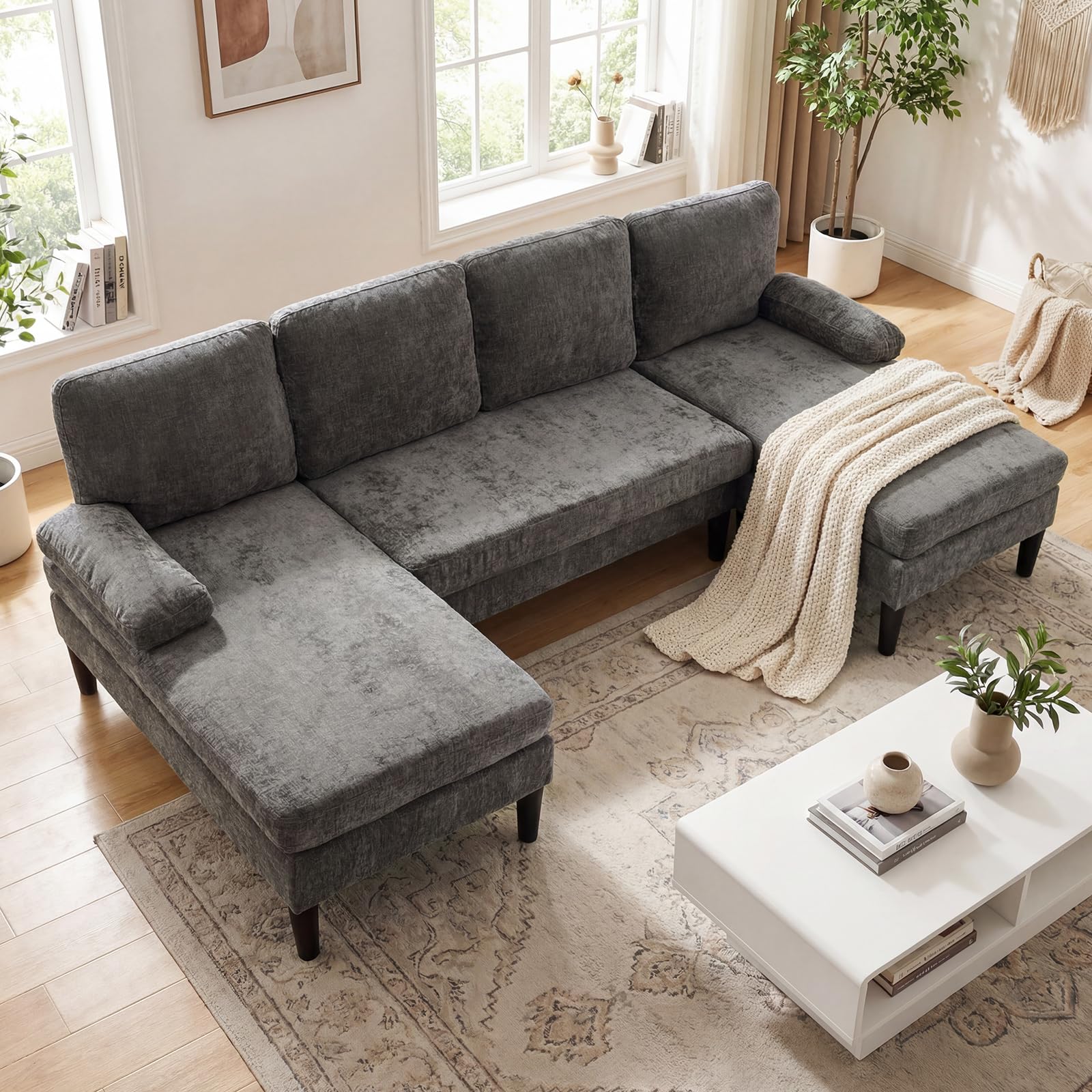 COSTWAY Canapé d'angle 4 Places en U avec 2 Chaise Longue, Grand Canapé 4 Places Rembourrés, Modulable, Tissu en Velours Côtelé/Chenille Doux, 4 Coussins, Moderne, 258 x 125 x 71,5 cm (Gris)