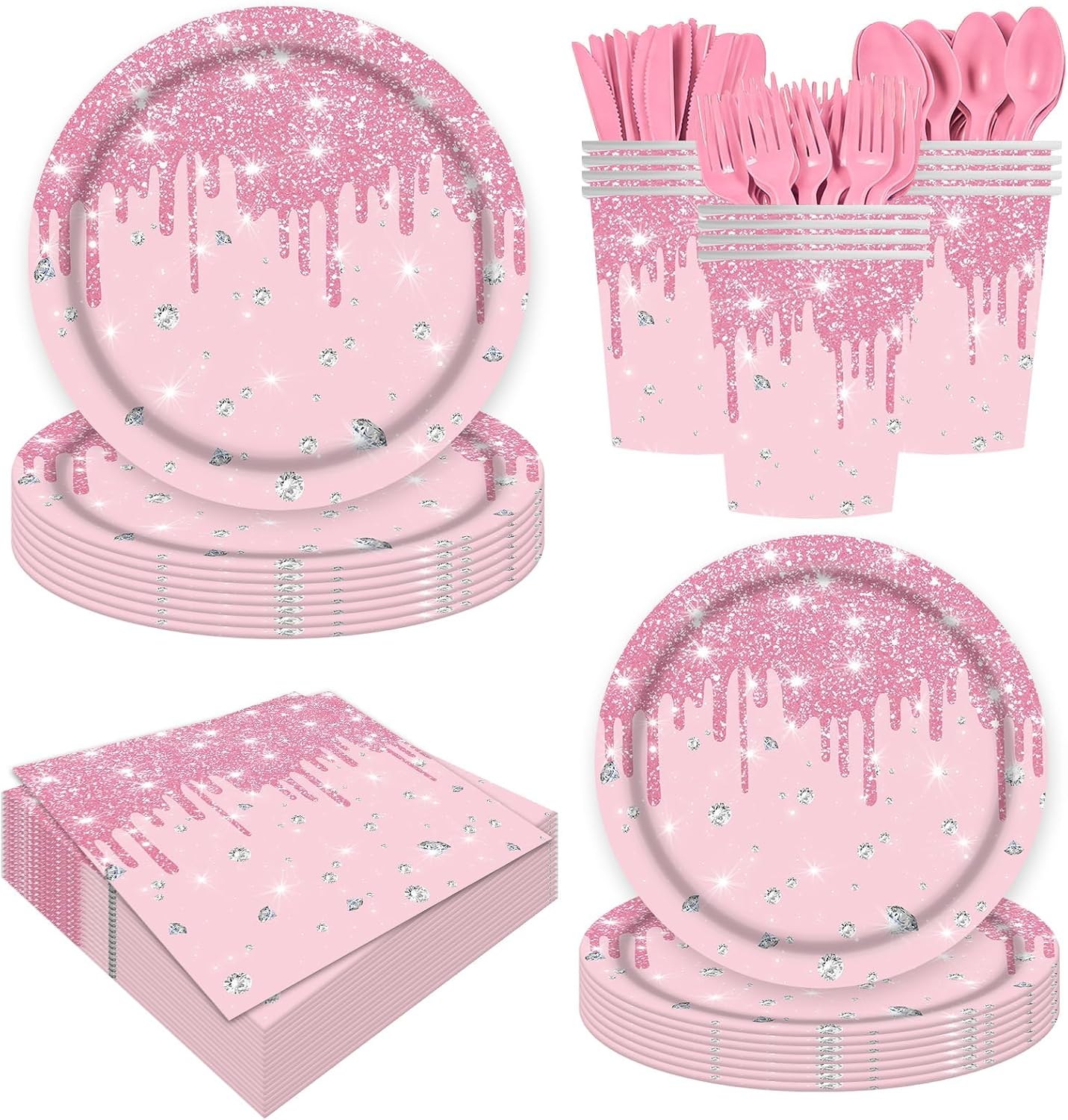 140Pcs Gold Birthday Party Decorations Include Golden Diamond Paper Plates and Napkins Cups Cutlery Glitter Disposable Tableware for Birthday Anniversary Wedding (Pink)
