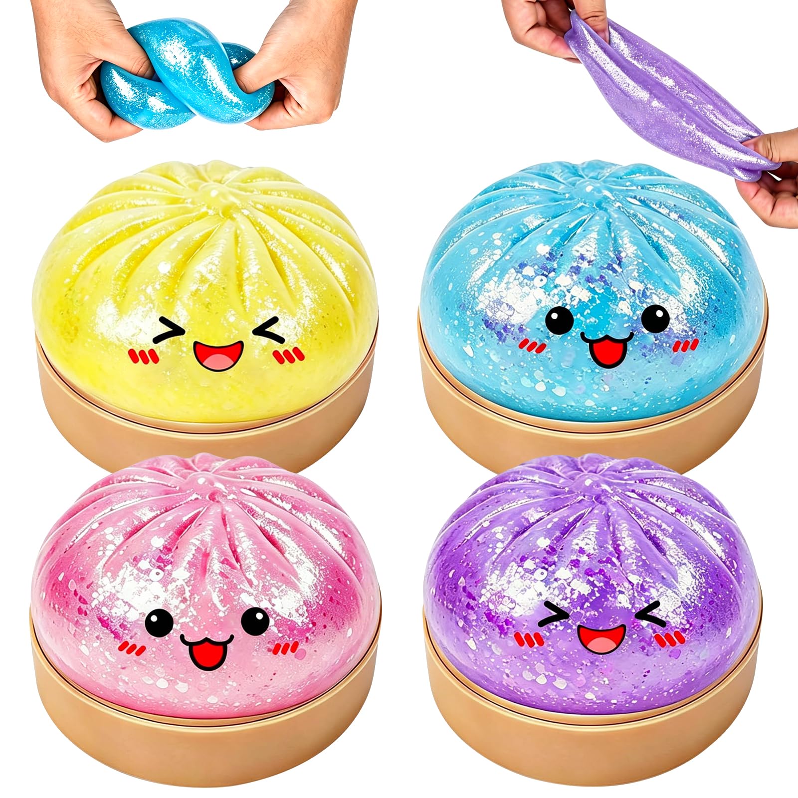 4Pcs Dumpling Toys, Glitter Dumplings Stress Balls for Adults, Soft Dumplings Squishies, Slow Rising Fidgets, Dumplings Stress Balls for Adults Kids, Sensory Squishys Anxiety Relief for All Ages