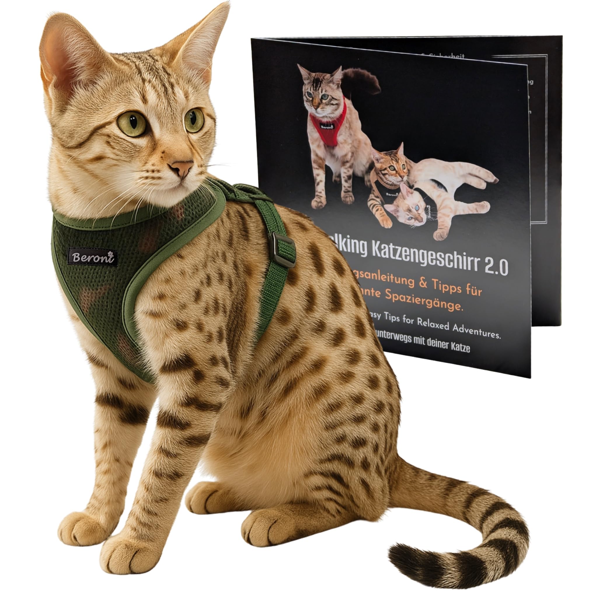 Katzengeschirr Easy Walking Katzengeschirr 2.0 ausbruchsicher, verstellbar, für Katzenleine draußen, Balkon, Garten Bengal, BKH kleine und große Katzen (Grün-Camouflage, S)