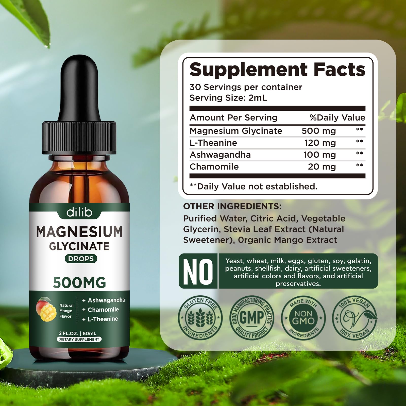 Magnesium Glycinate Supplement, Magnesium Liquid Drops with Magnesium Glycinate 500mg Ashwagandha, L - Theanine, Chamomile -Support Stress Relief, Bone, Muscle, Mood Vegan Natural Mango Flavor — Amazon image 7
