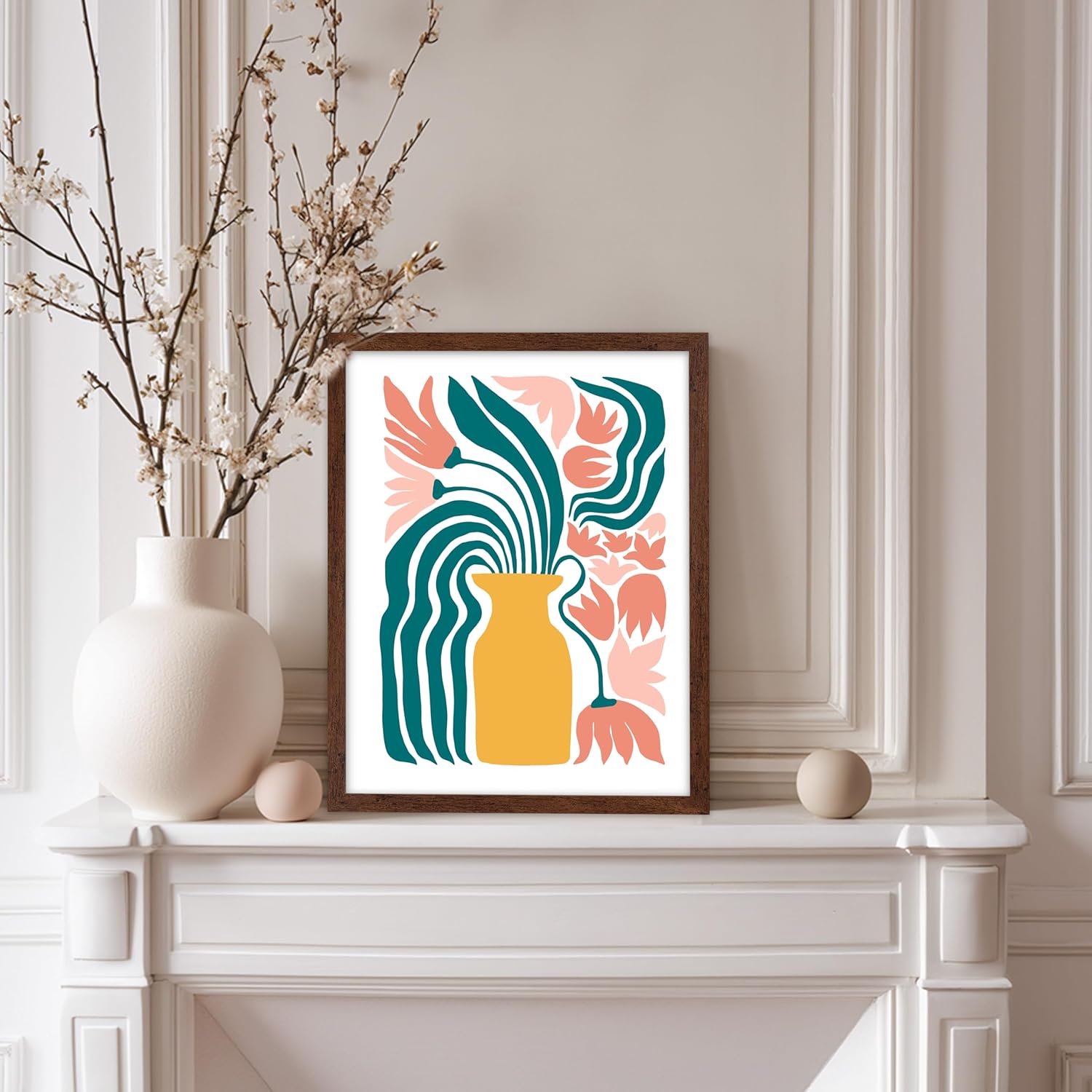 Poster Master Flower Vase Poster - Retro Floral Print - Pastel Colors Art - Groovy Flowers Design - Abstract Artwork - Chic Boho Decor - Aesthetic Living Room or Flower Shop Decor - 8x10 Brown Framed