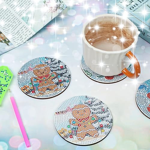 Vista 27 de XEFINAL Posavasos de pintura artística de diamantes vintage de Navidad, posavasos con soporte, kits de pintura de diamantes de Navidad para adultos