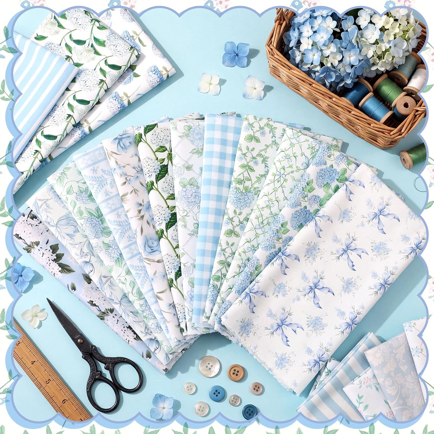 40 Pcs 20 x 20 Inch Hydrangea Fabric Bundle Blue Flower Fat Square Precuts image 3
