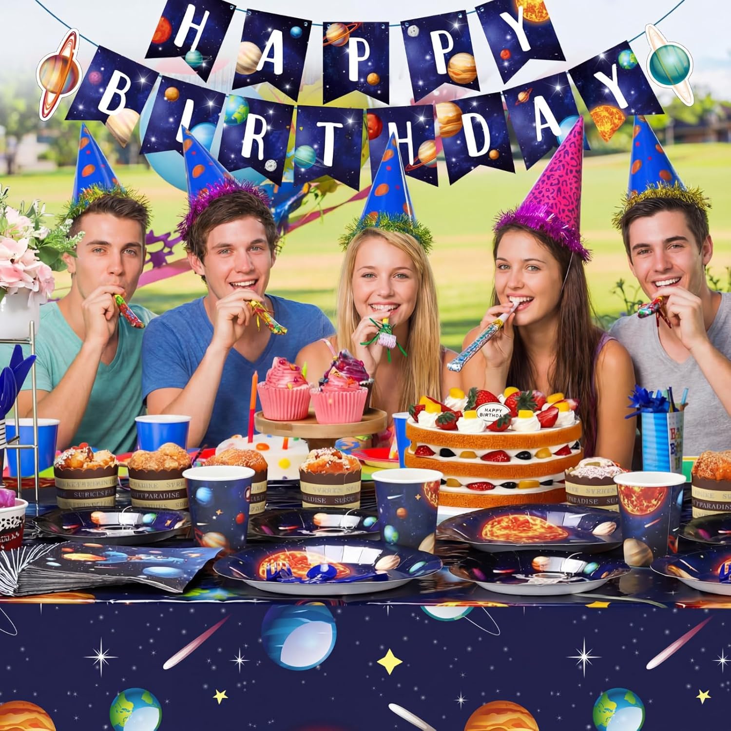 Outer Space Birthday Party Supplies Serve 24 Space Party Tableware Set, Happy Birthday Banner Solar System Tablecloth Paper Plates Cups Napkins Knives Forks Spoons for Solar Theme Activities Decor