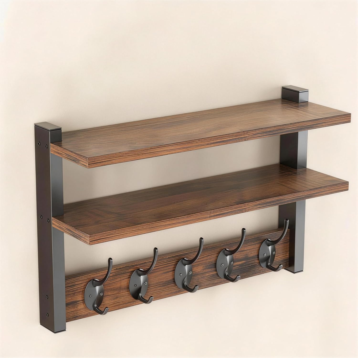 Two-Tier Wooden Wall Shelf with Rustic Hooks, Versatile Coat Rack and Key Holder Wall Mount, Space-Saving Organizer for Entryway, Bedroom, or Living Room, Durable Design in Warm Brown Finish