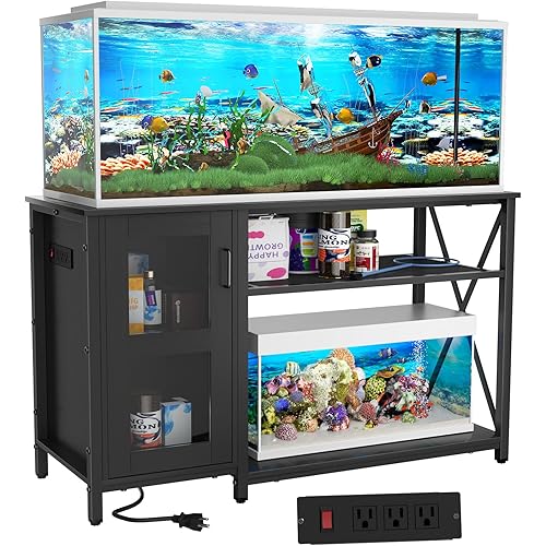 BEURUKU 55-75 Gallon Fish Tank Stand , Aquarium Stand with Cabinet & Power Outlets for Fish Tank Accessories Storage, Heavy Duty Metal Terrarium Stand, 52" L*19" W Tabletop, 1200LBS Capacity, Black