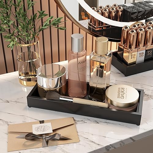 Miniatura 3 de Bandeja de tocador de baño, bandeja decorativa negra para mostrador, 11.2 x 4.3 pulgadas, soporte pequeño de madera para fregadero, bandeja de jabón