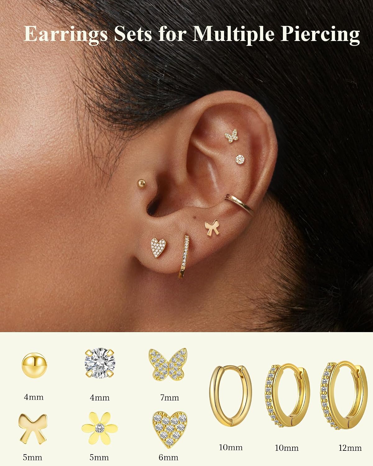 Flat Back Earrings Hypoallergenic 14K Gold Plated Earrings for Women 20G Gold Flat Back Stud Earring for Women Cute Butterfly Bows Flower Earring Sets Lobe Tragus Helix Conch Cartilage Piercing Jewelry