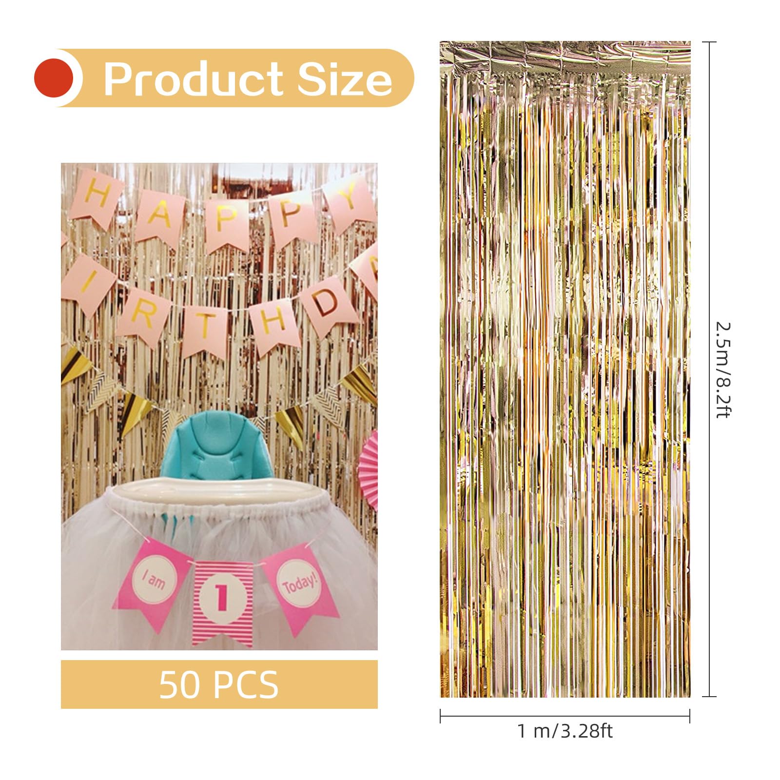 Paquete de 50 cortinas de papel de aluminio dorado champán de 3.3 x 8.2 pies, cortinas de telón de fondo de flecos de papel de aluminio metálico para decoración de fiestas de cumpleaños (dorado