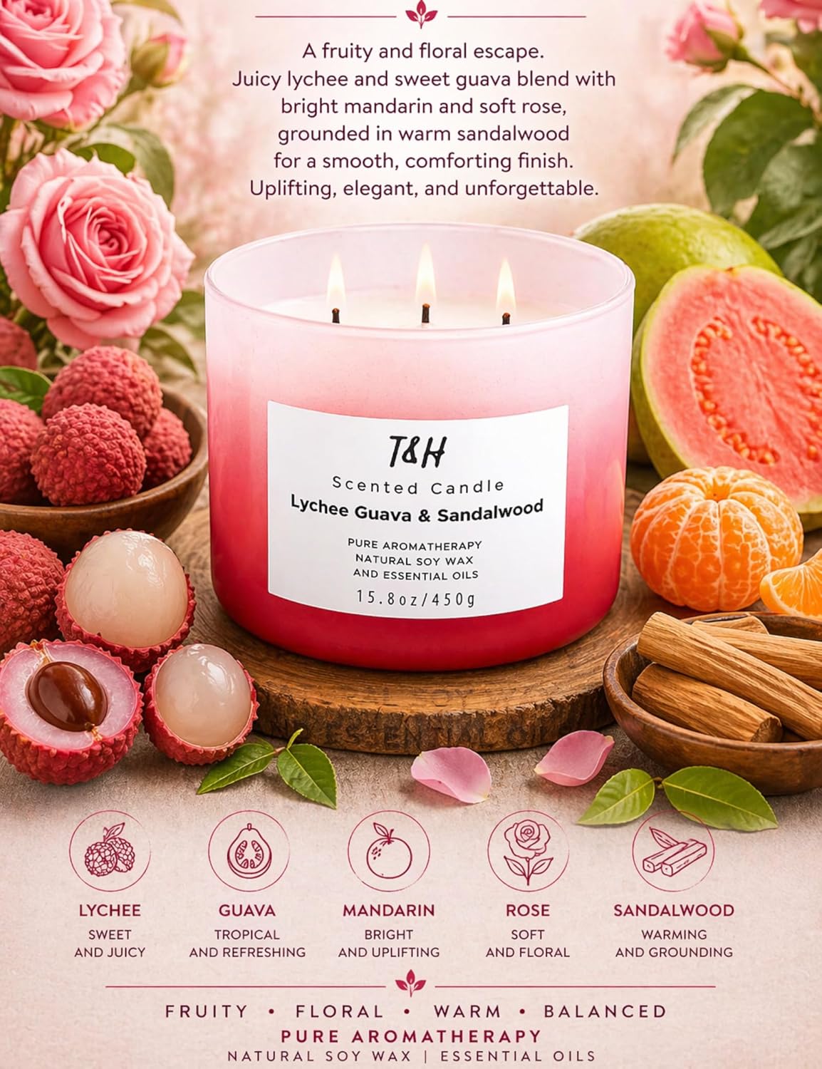 Lychee Guava Sandalwood Tropical Scented Candle - Large 3-Wick Aromatherapy Soy Candle, 15.8oz - Refreshing Fruity Spa Candle for Home - Relaxing Gift for Women & Men