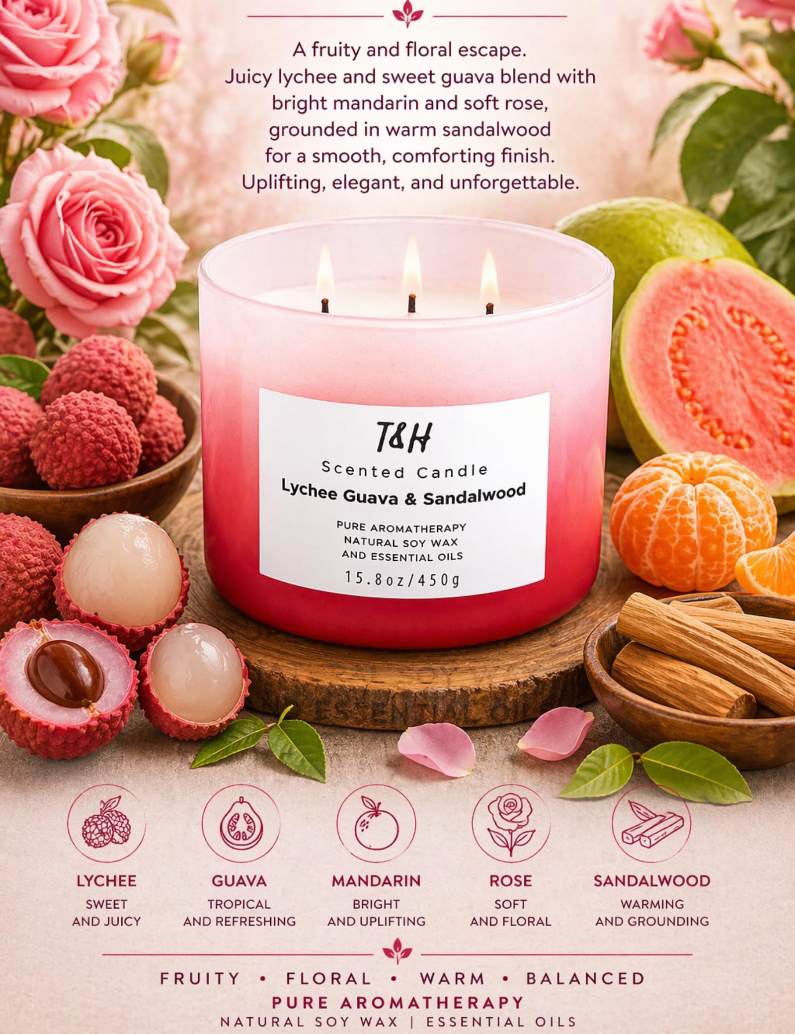 Lychee Guava e Sandalo Candela per la casa, candela di soia naturale a 3 stoppini, candela calmante per aromaterapia, regalo per donne e uomini, candela rilassante grande da 450 ml, altamente